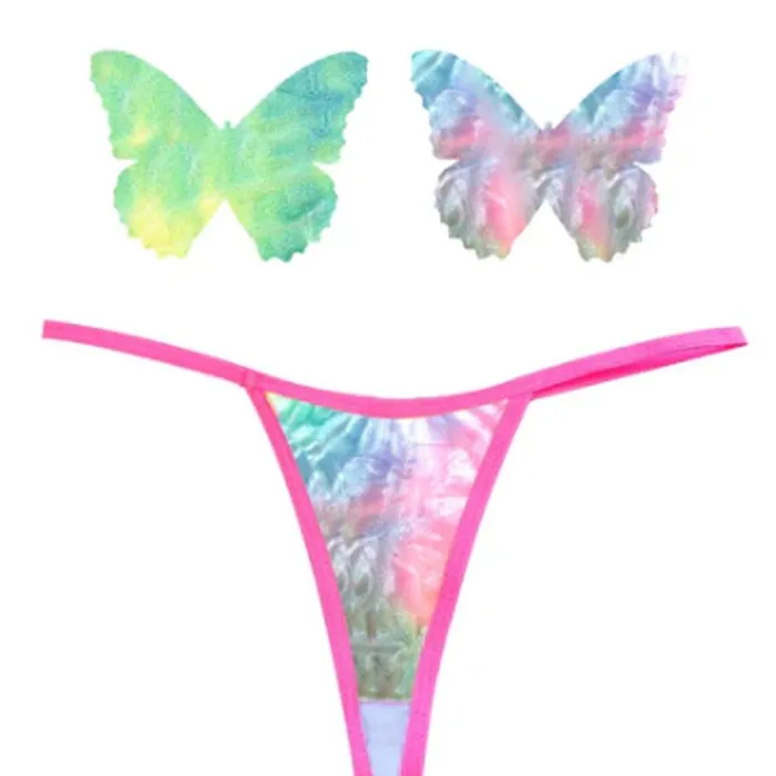 Neva Nude Female Sex Toys Rainbow Sherbet Tie Die Butterfly Pastie and Panty Set