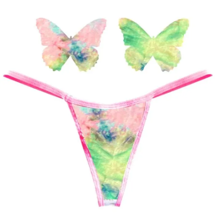 Neva Nude Female Sex Toys Rainbow Sherbet Tie Die Butterfly Pastie and Panty Set